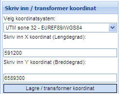 Skriv inn / transformer koordinat: Hvis du ønsker å skrive inn koordinaten for et punkt du skal digitalisere, trykk her.