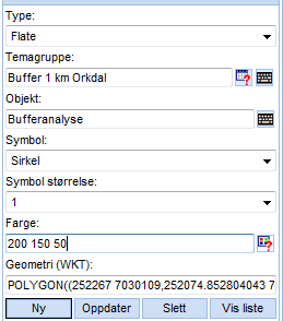 Bufferanalyse Bufferresultat osv. Du får nå fram en dialogboks der du kan endre navn, farge m.m. Du gir et annet navn på datasettet i boksen for Temagruppe.