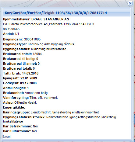 9.4 Navigera i informasjonsvindauget og eksportera data til Excel Til høgre ser du eksempel på den informasjonen som blir vist for kvar eigedom.