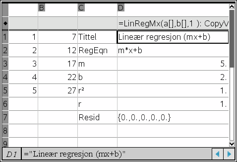 Statistiske beregninger Utføre en statistisk beregning Du kan utføre statistiske beregninger for å analysere data. Følgende eksempel tilpasser en y=mx+b lineær regresjonsmodell til to lister. 1.