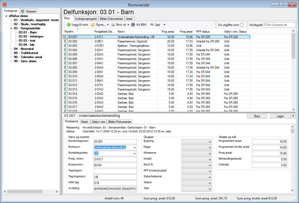 Figur 7: Eksempel på grensesnittet i romoversikten Til venstre i romoversikten finner vi to faner; Funksjoner og Grupper.