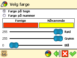 Tegnforklaring ❶ I Hovedmeny, velg Kartalternativer. ❷ Velg Tegnforklaring. ❸ I skjermbildet Tegnforklaring, velg: Steder/Symboler for byer og veinumre. Veier for ulike typer veier.