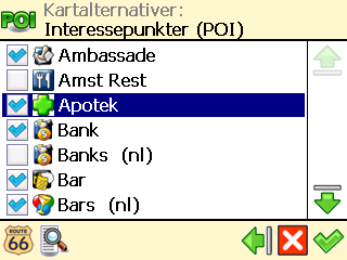 Interessepunkter (POI) ❶ I Hovedmeny, velg Kartalternativer. ❷ Velg Interessepunkter (POI). ❸ Det vises en liste med alle POI-kategorier.