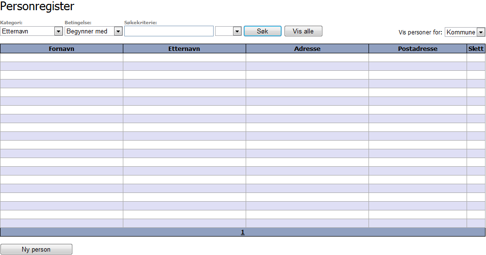 7.3 Personregister Ved å gå inn på undermenypunktet Person kommer man til personregisteret som gir en enkel oversikt over alle personer som er registrert i VVFWEB, for samtlige VVFer (se figur under).