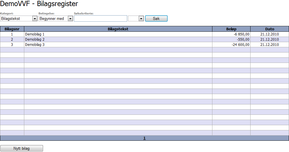 8.2 Bilagsregister Ved å trykke på undermenypunktet Bilagsregister kommer man til en oversikt over samtlige registrerte bilag for den aktive VVFen (se figur under).