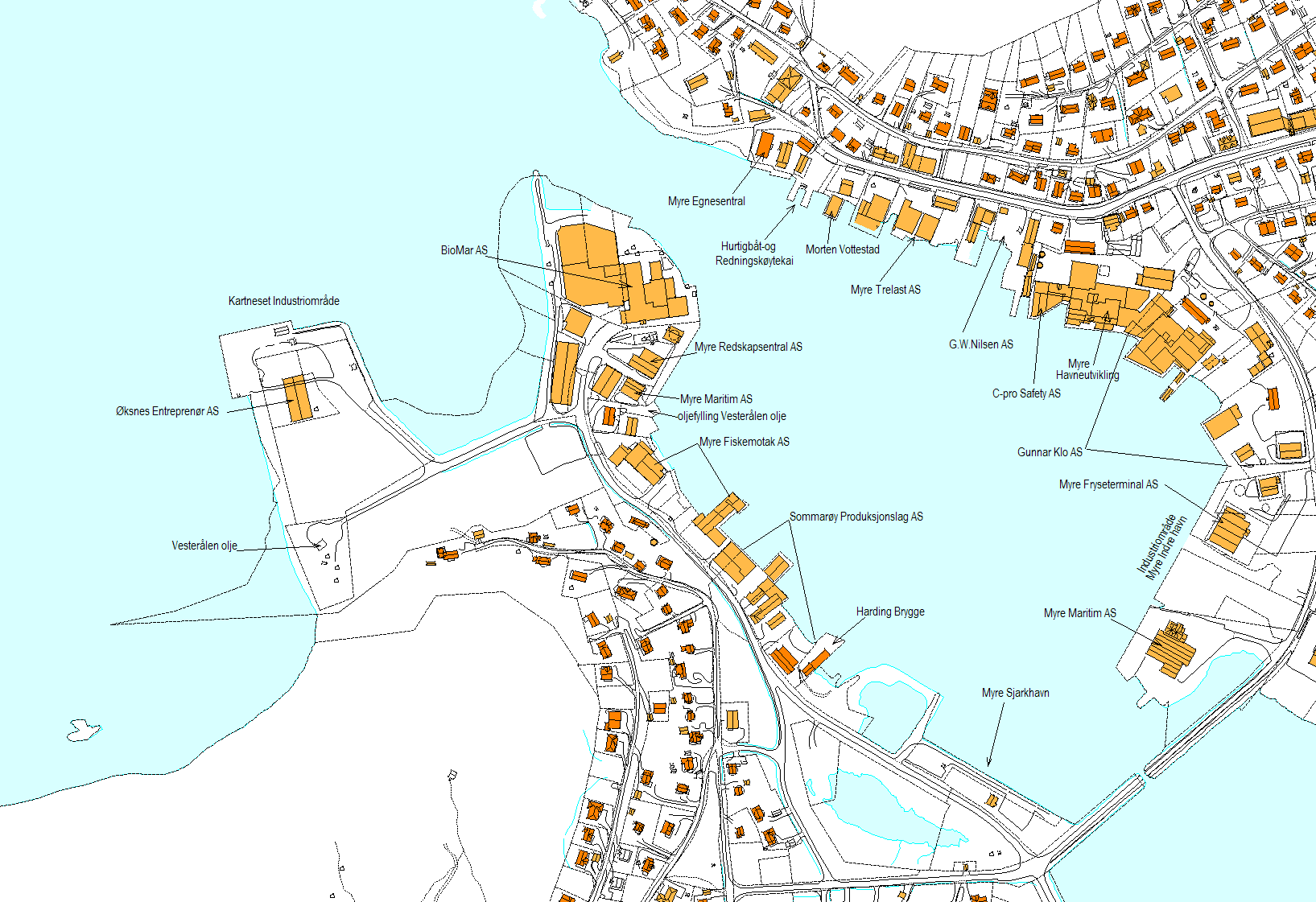 17 Flytekai nedre Myre Myre alm kai ved hurtigbåt Myre havn Oversikt over industriområder som er avgiftsbelagt og tilhører Øksnes Havnevesen KF.