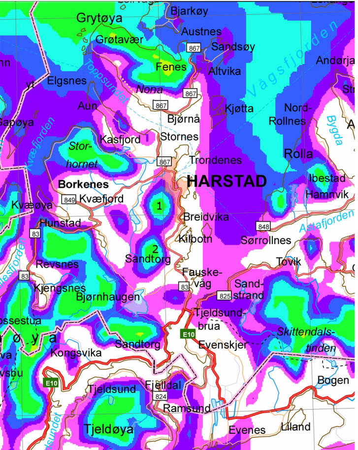 1) Middagsfjellet (565 moh) ligger rett øst for områdene Kilbotn og Breivika og er godt eksponert for vind.