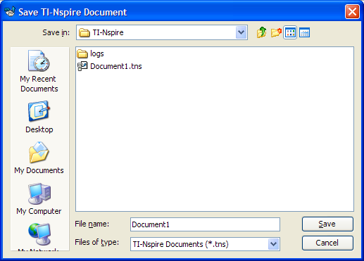 Lagre dokumenter Lagre et nytt dokument: 1. Velg Fil > Lagre som..., eller trykk på. Dialogboksen Lagre TI-Nspire -dokument åpnes.