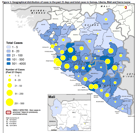 Distribusjon av ebolatilfeller Vest-Afrika de