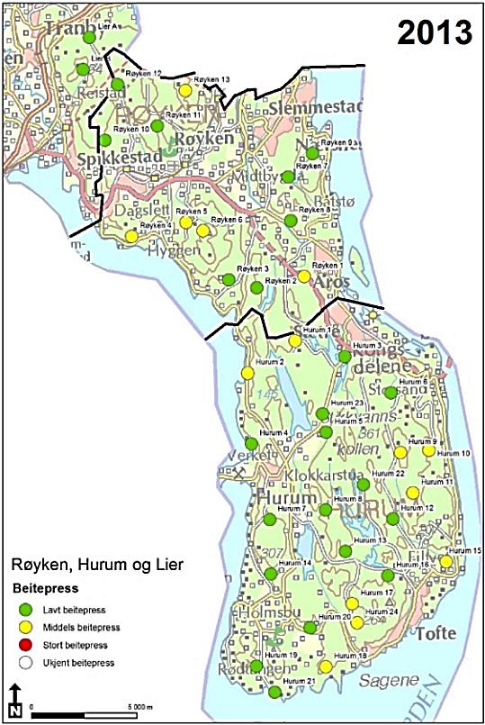 Figur 8) og nedgangen i produksjon i elgstammen. Det er i Hurum gjennomført elgbeitetaksering i 2005, 2009 og 2013 (Figur 7).