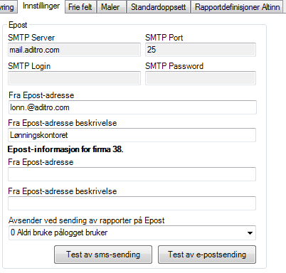 Vær oppmerksom på at endring av innstillinger her, ikke får virkning før en avslutter Aditro Lønn og starter på nytt.