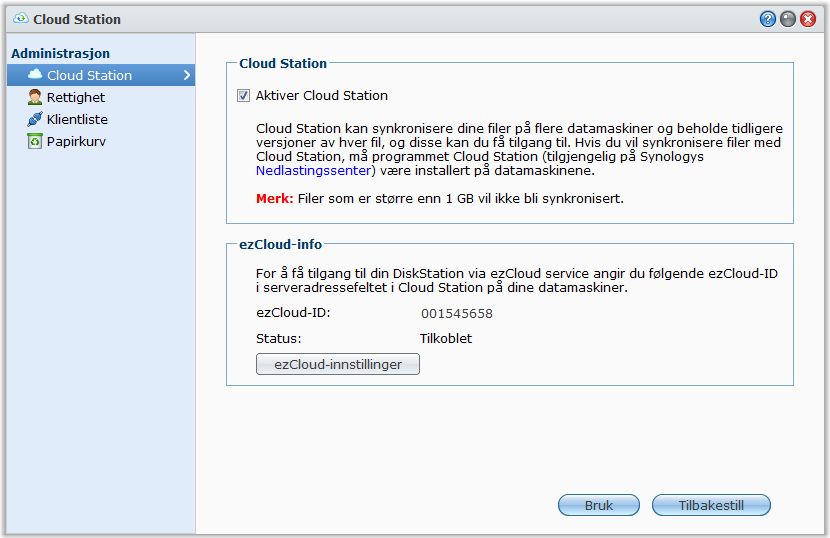 Synkronisere filer via Cloud Station Cloud Station er en fildelingstjeneste som gir DiskStation muligheten til å være et filsynkroniseringssenter for synkronisering av filer mellom flere