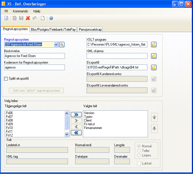 107. Agresso (Fred Olsen). 107. Agresso (Fred Olsen). Generelle kommentarer. Overføringsfilen skal være i tekstformat. Filenavnene er fast dlsagr@4.txt. Definisjon av Regnskapssystem.
