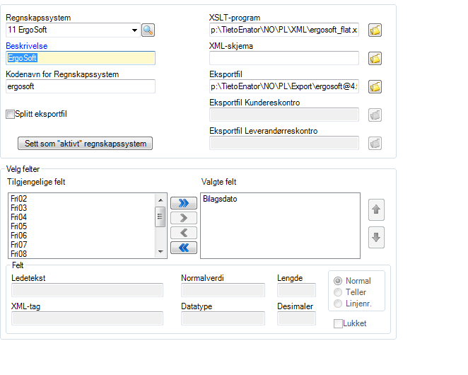 Regnskapsformat Systemadministrasjon Def. Overføringer Kommentarer til bildet. Identiteten til regnskapssystemet bør inntil videre følge oppsettet fra tabell nedenfor.