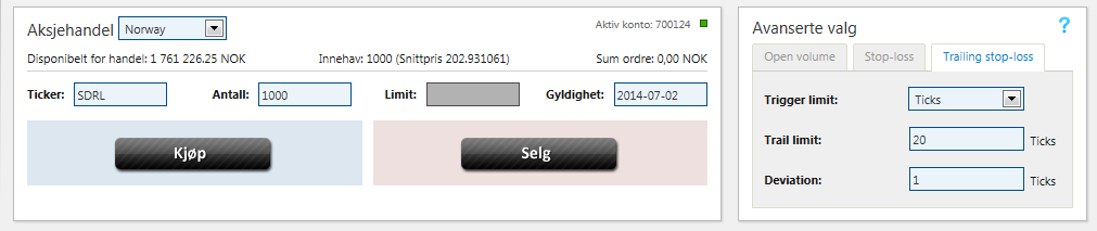 TRAILING STOP-LOSS TICKS Trail limit (ticks): Verdien legges inn fra 1 og oppover. 1 = verdien av ticksize til aksjen. For eksempel er ticksizen i SDRL 0,10 - da vil 1 tick tilsvare verdien 0,10.