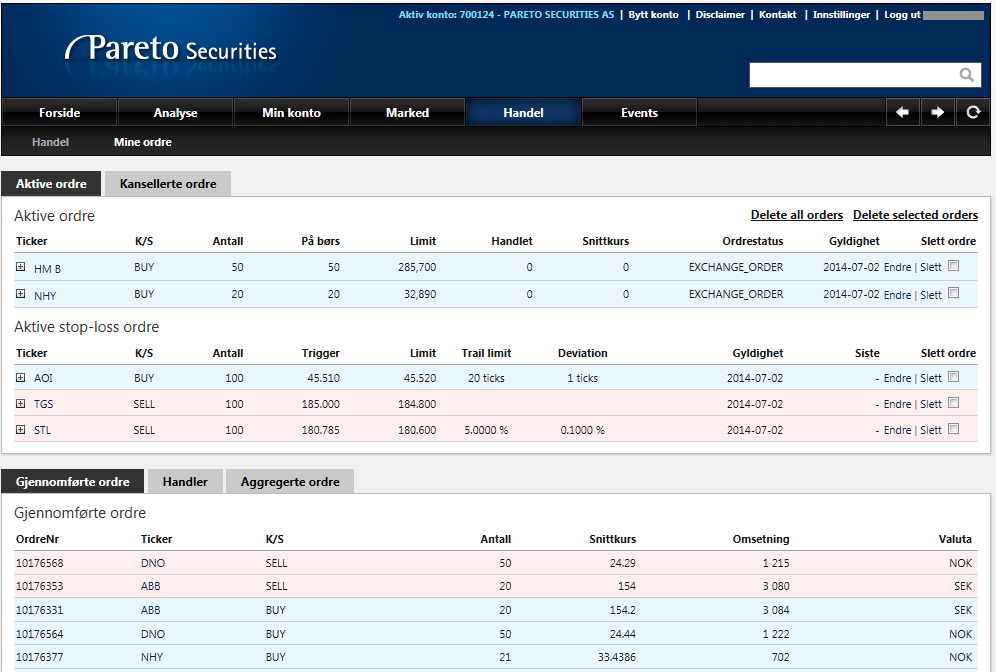 MINE ORDRE Mine ordre Her har du full oversikt over aktive ordre, kansellerte ordre, gjennomførte ordre, handler og aggregerte ordre.