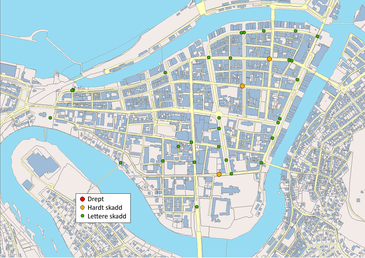 4.3.2 Hvor skjer sykkelulykkene i Midtbyen?