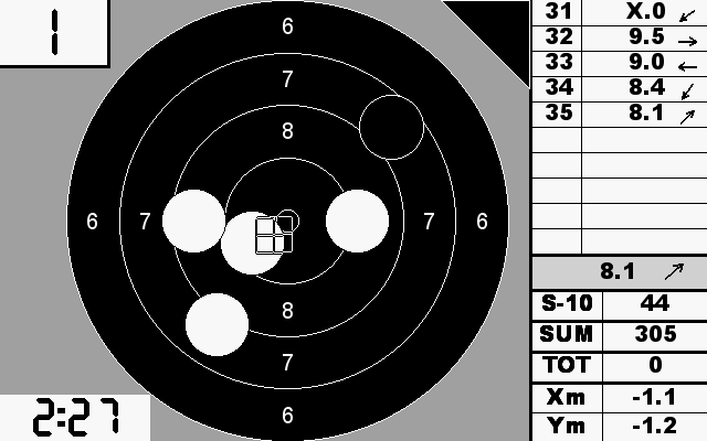 Eksempel med treffpunkt på monitor på en langholdskive(utendørs): 9.5.4 Synlige skudd på monitor Alle Alle skudd i serien vises samtidig.