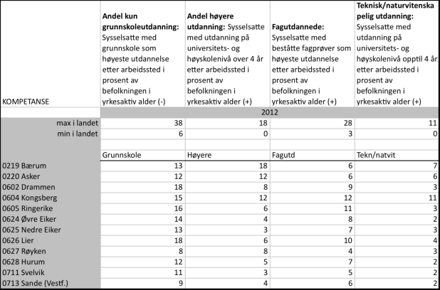 Beflkningens kmpetanse kan synliggjøres blant annet ved å se på andel med grunnskleutdanning, andel med høyere utdanning, fagutdannede g sysselsatte med teknisk/naturvitenskapelig utdanning.