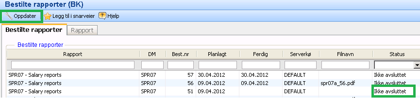 Felt Rapport DM Best.nr. Planlagt Ferdig Serverkø Filnavn Status Beskrivelse Fullt rapportnavn. Rapportforkortelse. Ordrenummer. Dato for når rapporten ble bestilt.