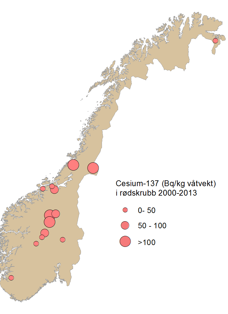 ble hardest rammet (Figur 9.2). Etter ulykken i 1986, har nivåene i sopp blitt redusert med tiden. Dette skyldes delvis at cesium-137 brytes ned over tid.