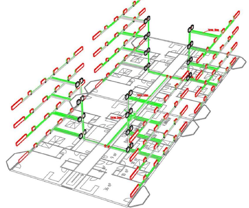 FAKTASTUDIE KOSTNADER FOR ELEKTRISK OG VASSBOREN OPPVARMING 43 Vassboren varme - TEK 10 Vassboren varme - Passivhus Figur 27 Bustadblokk 3D-modell som syner ulikheiter i omfang for varmeløysingane.