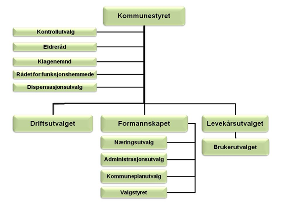 P olitisk styring og aktivitet Kommunestyret er det øverste kommunale organ og har også arbeidsgiveransvar for ansatte i kommunen. Kommunestyret har 21 representanter.