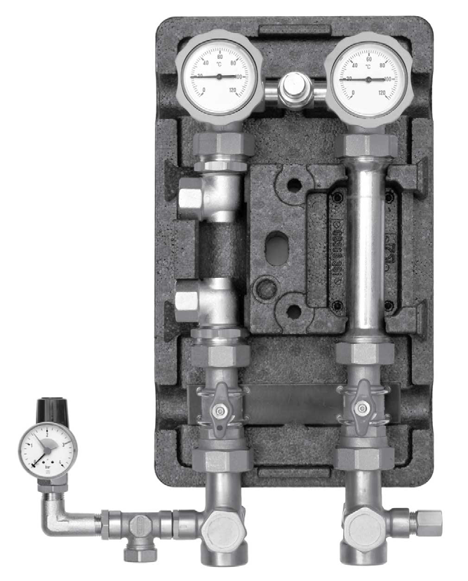 8.4.1 Integrere varmepumpen i oppvarmingssystemet ublandet varmekrets blandet varmekrets Varmtvannsberedning Buffer tank Varmekjel Fig. 8.2: Kombinasjonsmuligheter manifoldsystem varmtvann 8.4.1 Kompakt manifold KPV 25 Den kompakte manifolden fungerer som et grensesnitt mellom varmepumpen, oppvarmingsmanifoldsystemet, buffertanken og eventuelt også varmtvannssylinderen.