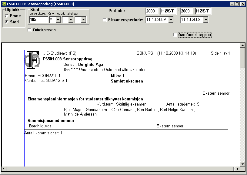 Vis-filtre for fnr. adresse, e-post, telefonnr mv. kan slås på og av. Skriver ut liste over medlemmer i hver kommisjon, med fnr, navn, ev adresse, ekstern status, og evt.