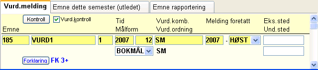 - 8 - FK: Manglende forkunnskapskrav 3+: Har 3 eller flere tellende forsøk i emnet Man klikker på knappen "Kontroll". Mangel-indikatorer SR, FK, 3+ og/eller SB kommer fram.