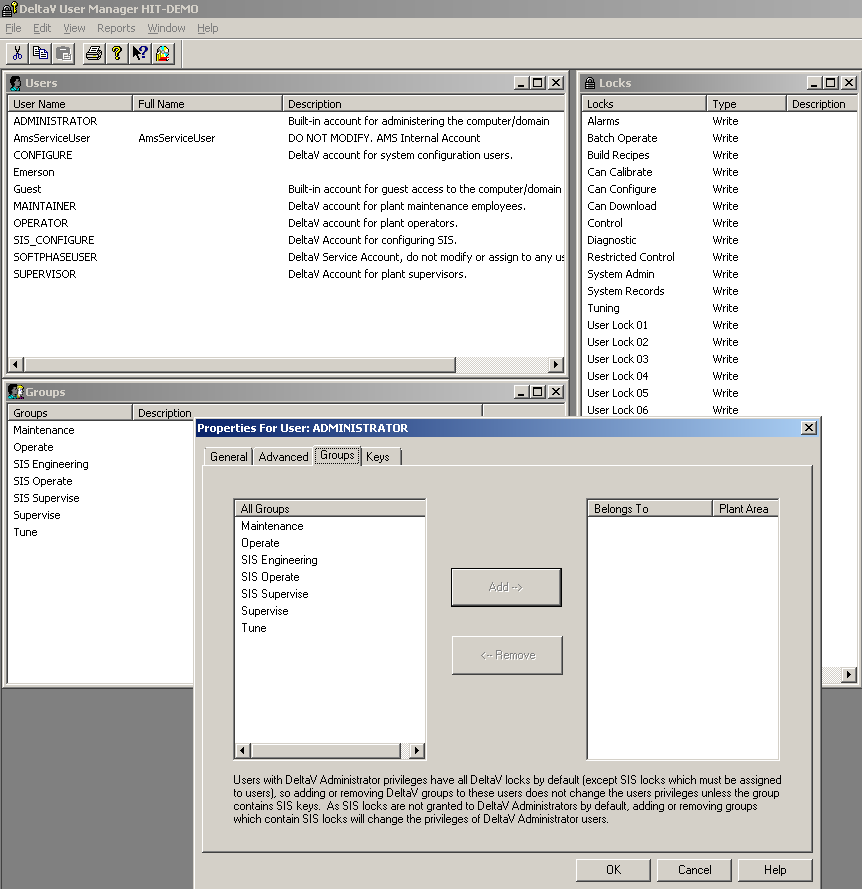 2 DeltaV Figur 2-4 User Manager. Her kan man begrense og opprette bruker 2.2.3 DeltaV Database Administration Her har man mulighet til å kopiere databaser, eller opprette nye databaser slik at man kan programmere fra en tom modul.