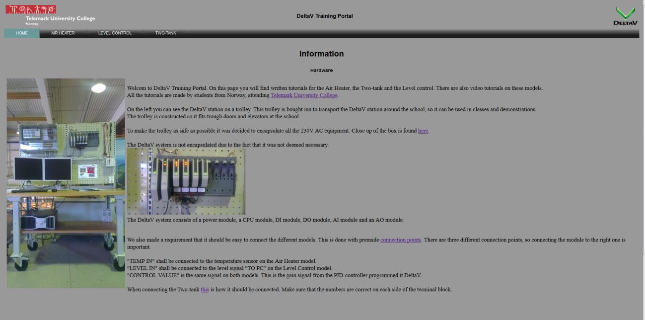 Her ser man hvordan siden ser ut. På toppen er det linket til HiT og DeltaV siden til Emerson Process Management via logoene.