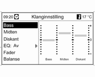 22 Innledning Angi en tegnrekke Toneinnstillinger Navi 600 / Navi 900 I menyen for tone-innstillinger kan egenskapene for tonen stilles inn ulikt for hver radiobølgelengde og hver audio-spillerkilde.