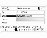 Navigering 73 Velg land. Legge inn en adresse med stavefunksjonen Merk By:-registreringsfeltet og trykk så på multifunksjonsbryteren for å aktivere stavefunksjonen.