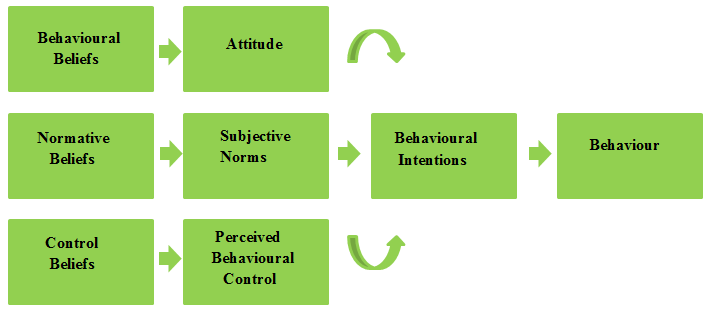 Figur 5 Theory of Planned Behavior (Kilde: Kriek, Stols 2010) Vi ser i figur 5 at tre typer betraktninger styrer menneskelig adferd: Adferdsmessig tro, referansegrupper forventninger fra andre og
