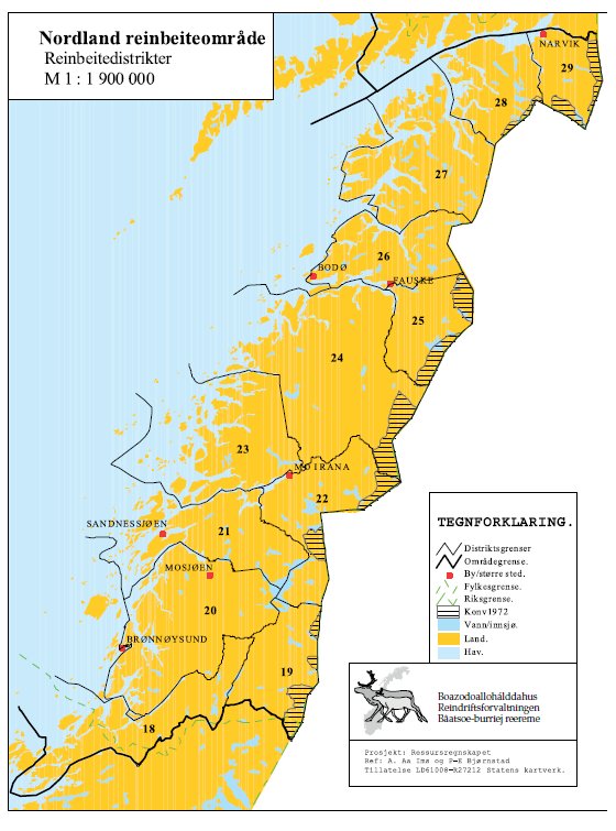 4.3.2.4 Nordland reindriftsområde Nordland reindriftsområde har 12 reinbeitedistrikter som omfatter hele fylket nord til Vestfjorden og Ofoten, se figur 4.11. Figur 4.11 Nordland reindriftsområde.