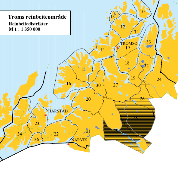 4.3.2.5 Troms reindriftsområde Troms reindriftsområde omfatter det meste av Troms nord til Lyngen samt Nordland fylke nord for Vestfjorden vestover til og med Hinnøya, se figur 4.15. Figur 4.