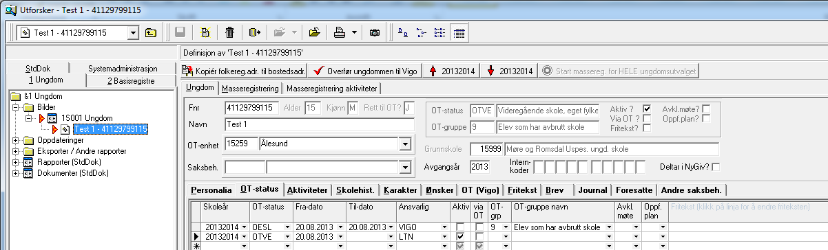 Registrering og rutiner i Statuskodene skal registreres så fort som OT-medarbeiderne får oversikt over den enkelte ungdom. OT skal bruke den koden som passer for ungdommen jf. veilederen fra Udir.