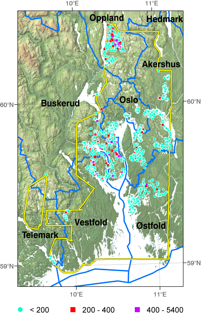 7). Resultater fra grupper med 101 boliger er avmerket med sirkler, og resultater fra grupper med 21 boliger er avmerket med firkanter.