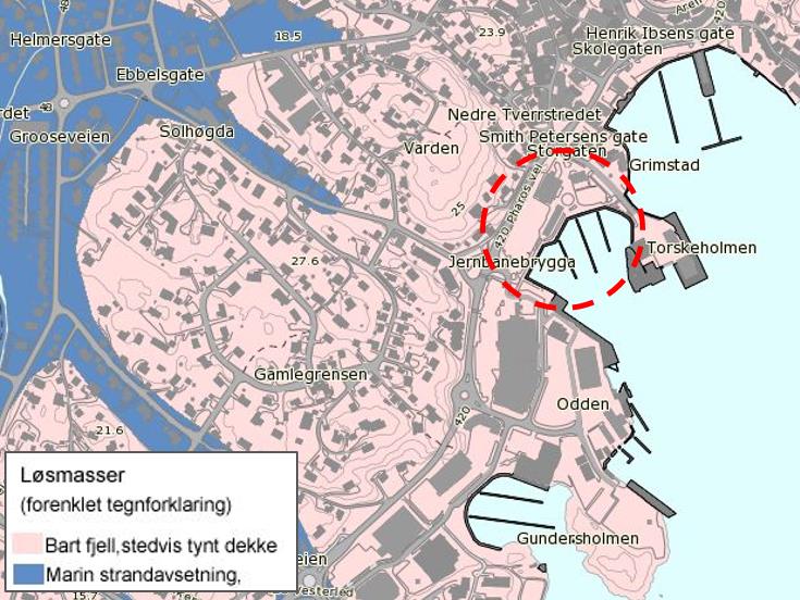 Undersøkelsene viste at grunnen består i hovedsak av fjell på nordøstlige del av planområdet, mens grunnen på sørvestlige del består av løsmasser (antatt eldre fyllinger) med humusholdig