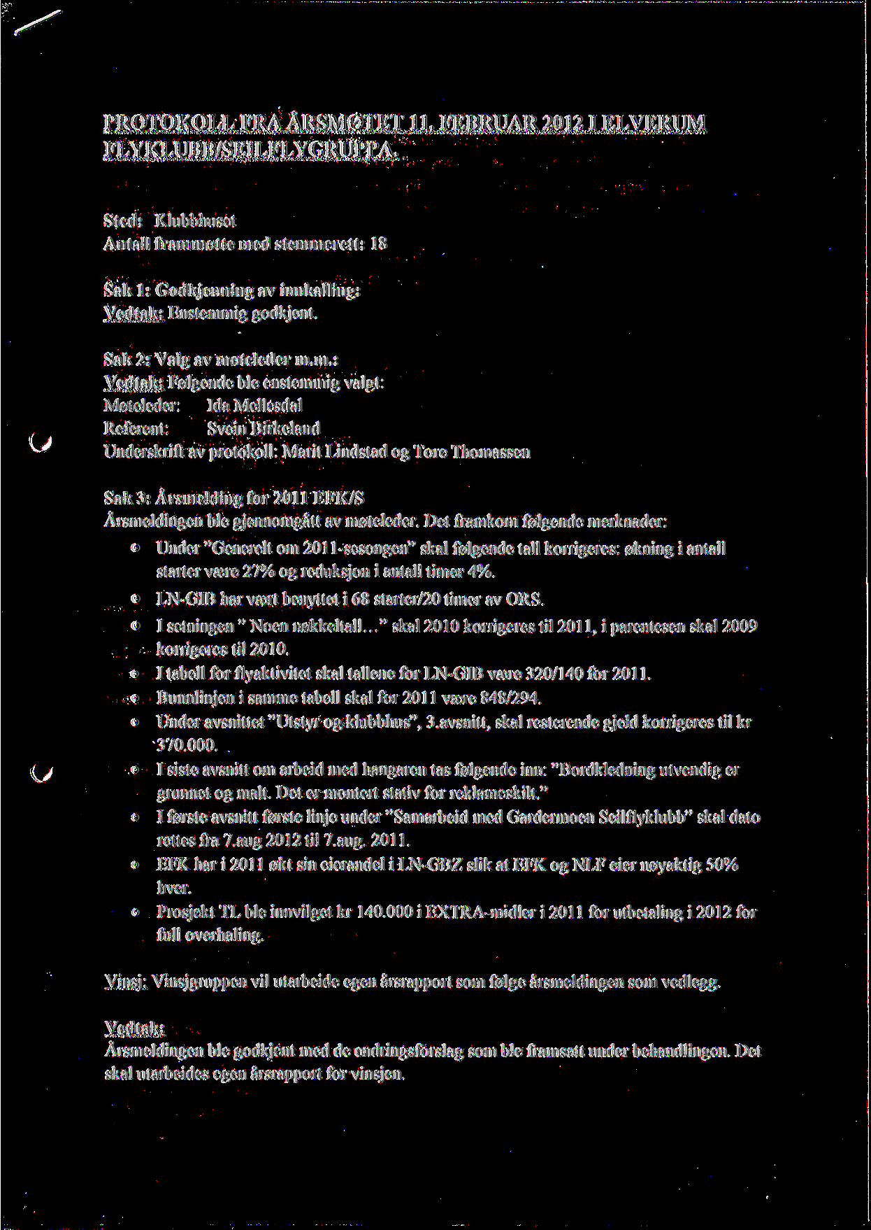 PROTOKOLL FRA ARSM0TET 11. FEBRUAR 2012 I ELVERUM FLYKLUBB/SEILFLYGRUPPA. Sted: Klubbhuset Antall framm0tte med stemmerett: 18 Sak 1: Godkjenning av innkalling: Enstemmig godkjent.