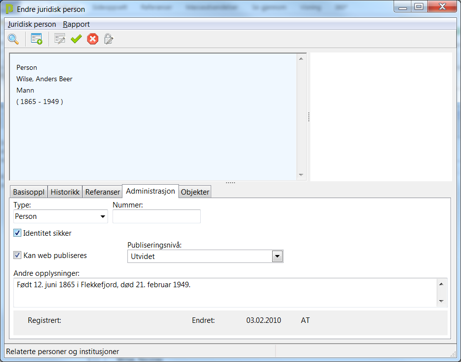 Publisering: Figur 20: Publisering for juridisk person Feltet Kan publiseres fungerer nå som for objekter. Hvis du krysser av så publiseres personposten på DigitaltMuseum.