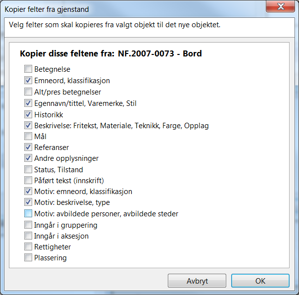Figur 26: Eksempel på kopiering av felter I den neste boksen som kommer frem kan du definere hvilke felt som skal kopieres over til det nye objektet.