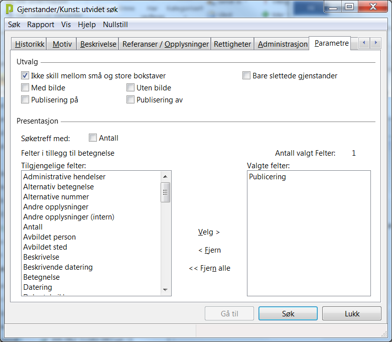 Parametere Figur 30: Parametre i søkedialog Ikke skill mellom store og små bokstaver knappen kan være en kilde til at du får 0 treff og bør alltid være krysset av.