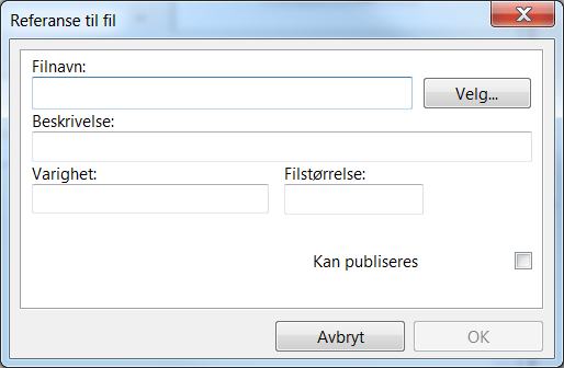 Figur 44: Dialog for registrering av referanse til filer For å legge til et nytt dokument trykker du på Velg og let deg frem til området ønsket fil er lagret i utforskeren som åpnes.