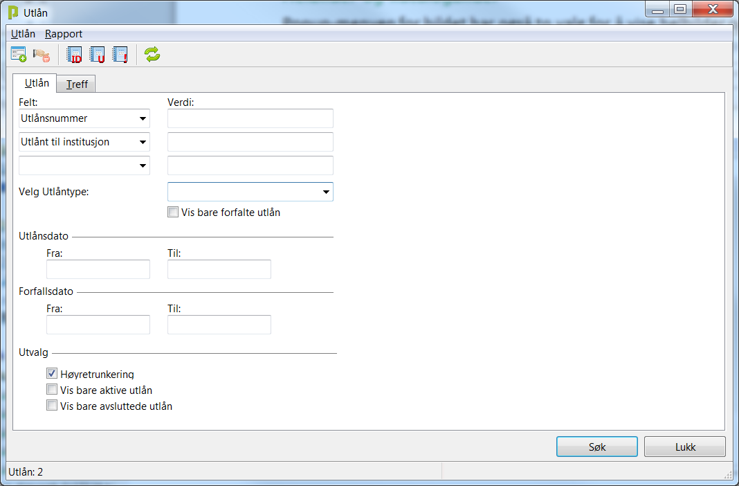 Utlån Figur 46: Søkedialog for utlån Det er mulig å søke i utlån ut fra valgte felt.