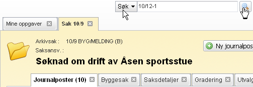 6 Søk Ved hjelp av søkefeltet som ligger helt øverst i ESA-skjermbildet, kan du hurtigsøke etter saker og journalposter. Forhåndsinnstillingen ifm.