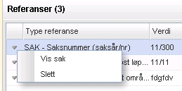 For å gå til aktuell referanse kan du klikke på knapp for radmeny ( ) til venstre for den aktuelle raden med referanseinformasjon. Der finner du et valg for til kobling til referanse.