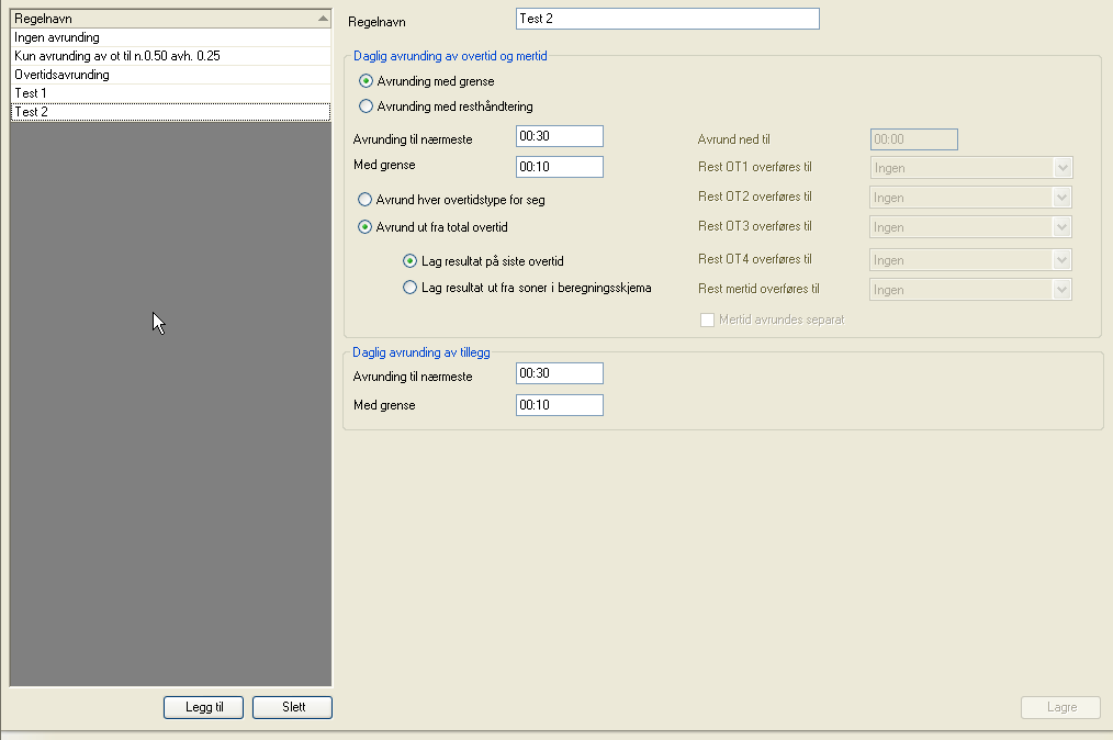Arbeidstidsregler Avrunding I dette skjermbildet defineres regler rundt avrunding av overtidsresultater. Dette kan være avrunding med grense eller avrunding med resthåndtering.