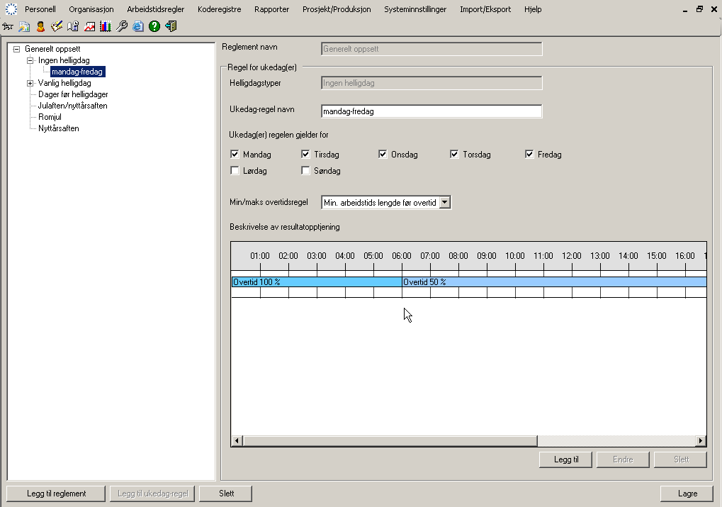 Legg til reglement og skriv inn et passende navn for overtidsreglementet. I trestrukturen listes alle dagtyper.